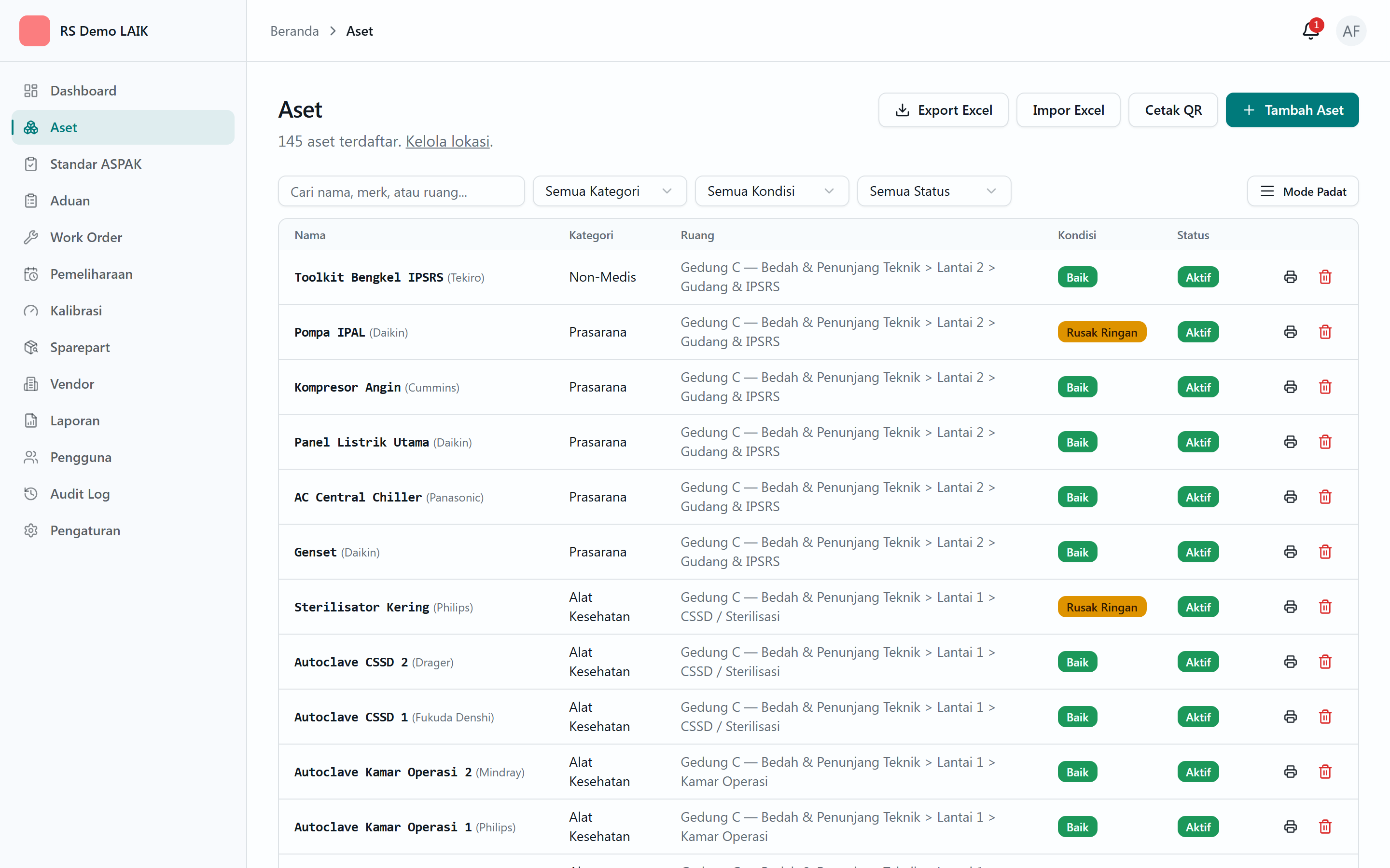 Daftar induk Aset dengan filter kategori, kondisi, dan status