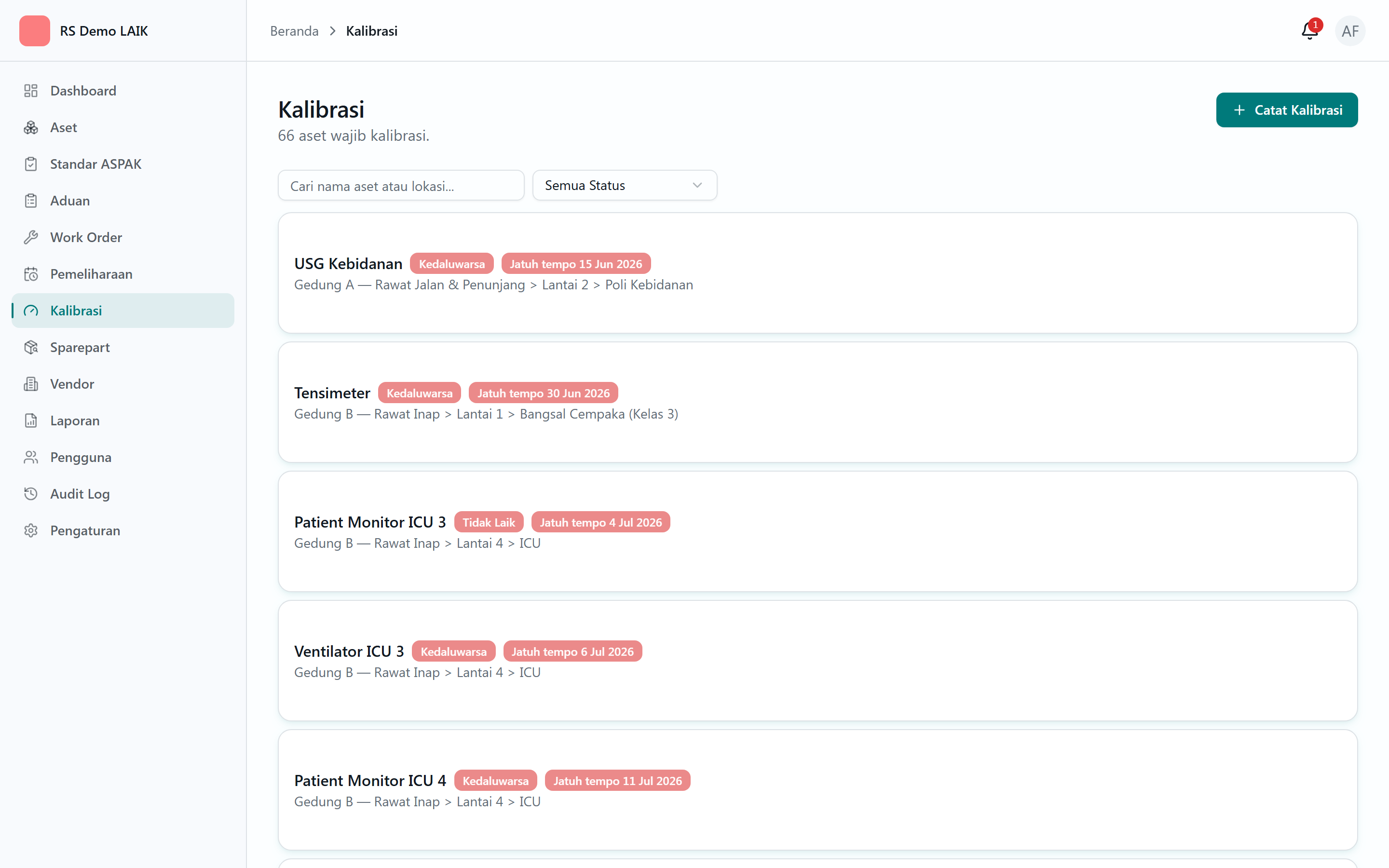Daftar aset wajib kalibrasi dengan status Kedaluwarsa/Tidak Laik dan tanggal jatuh tempo