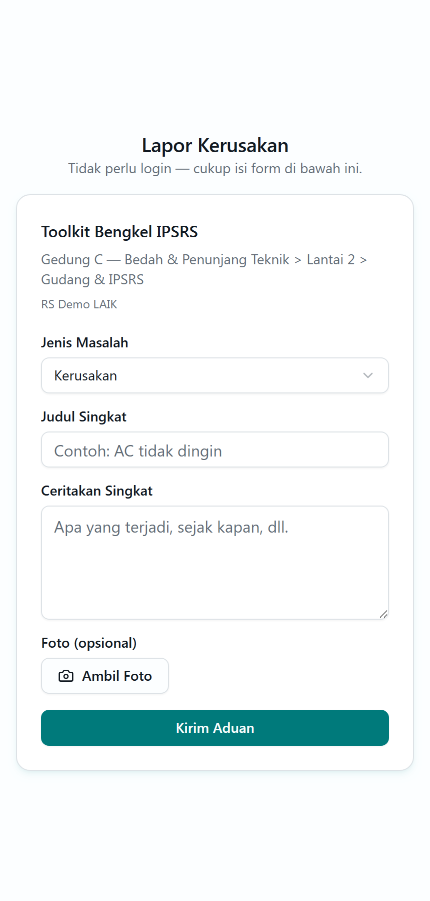 Form lapor kerusakan publik, tanpa login, terbuka langsung setelah memindai QR aset