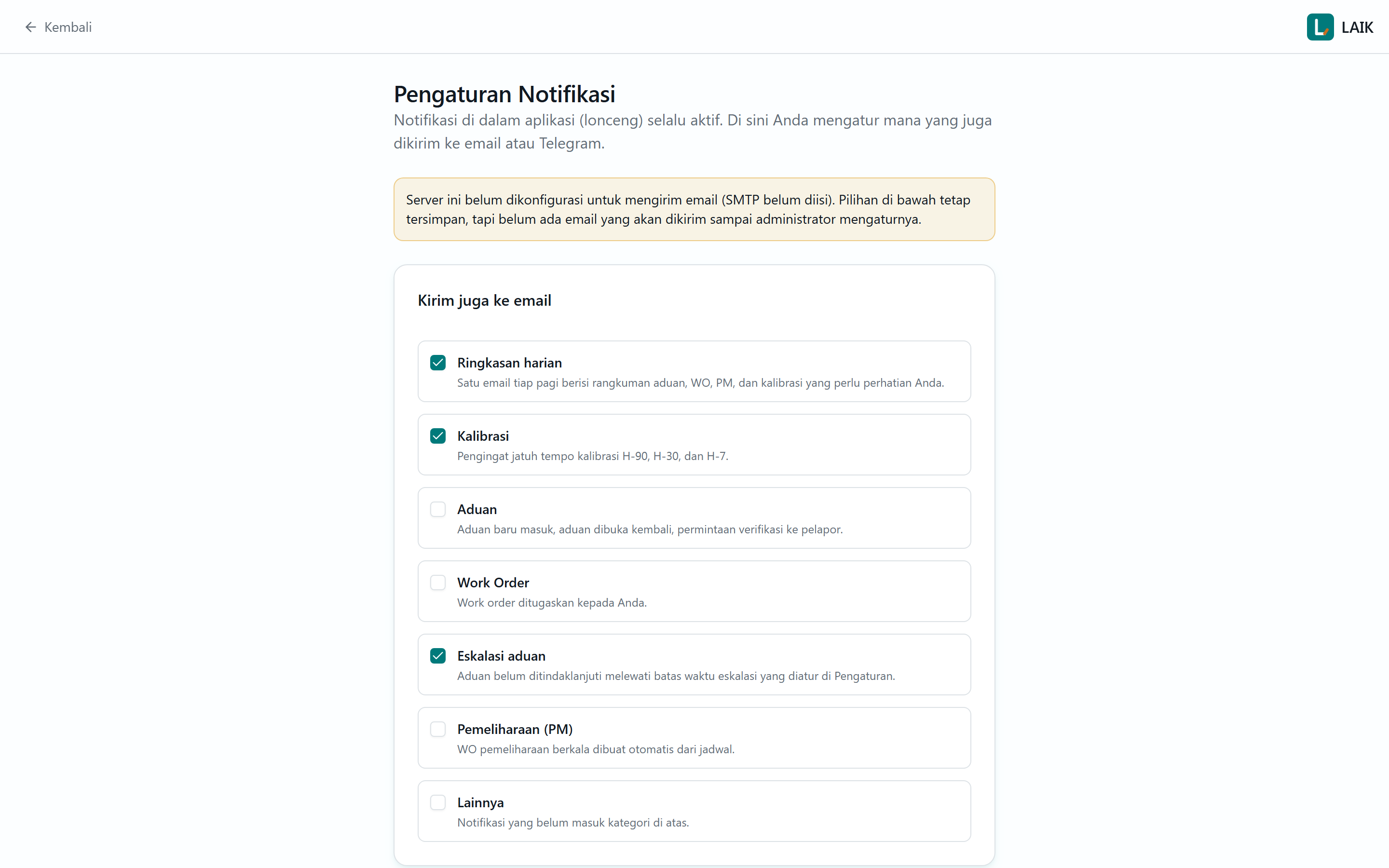 Pengaturan Notifikasi: pilih kanal Email/Telegram/Push per kategori kejadian
