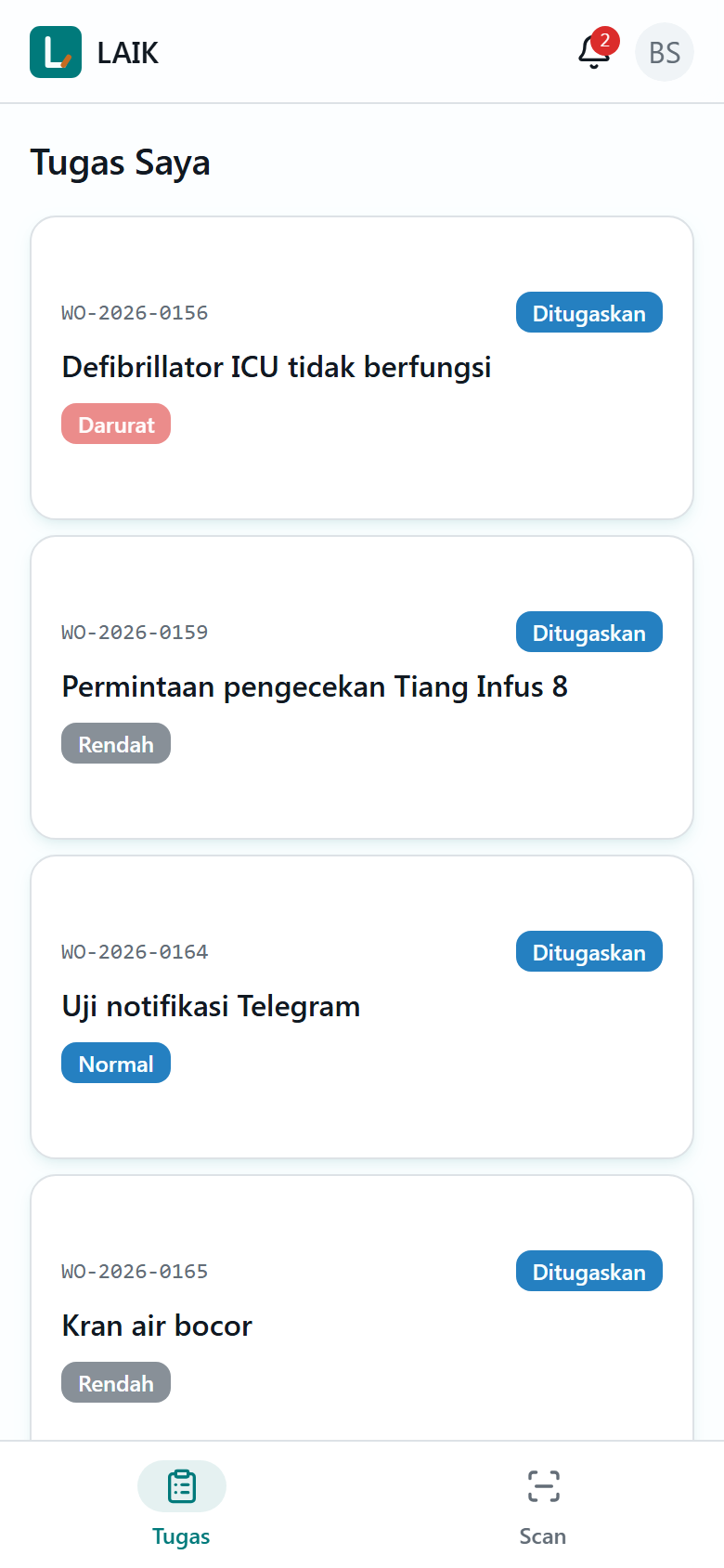 Daftar Tugas Saya di HP teknisi, menampilkan Work Order aktif dengan prioritas